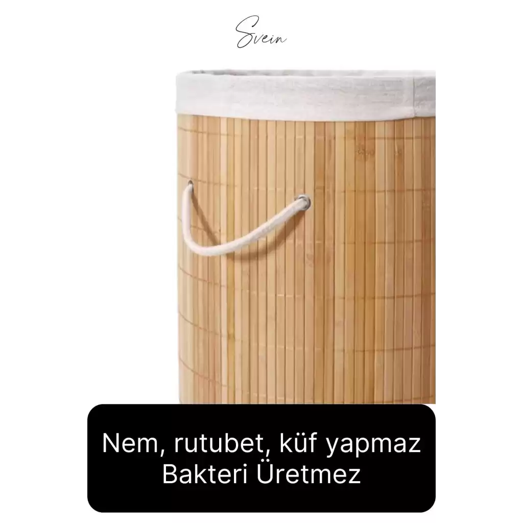 Premium Yuvarlak Bambu Kirli Çamaşır Sepeti Dekoratif Katlanabilir Yıkanabilir Geniş Hacim Hazneli
