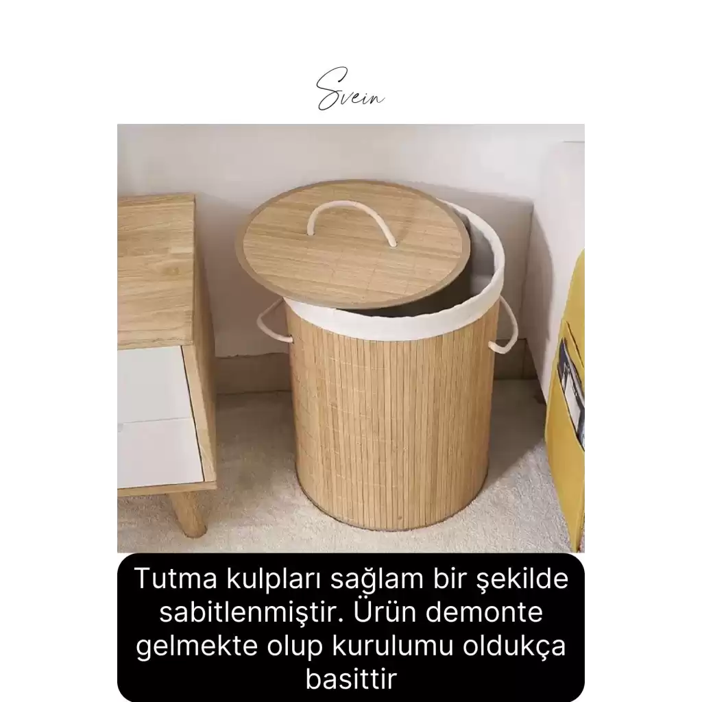 Premium Yuvarlak Bambu Kirli Çamaşır Sepeti Dekoratif Katlanabilir Yıkanabilir Geniş Hacim Hazneli