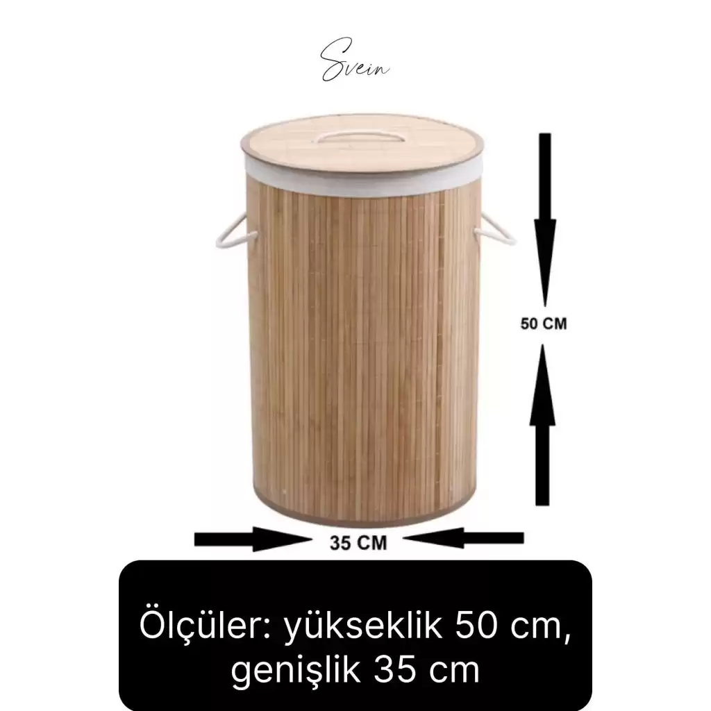 Premium Yuvarlak Bambu Kirli Çamaşır Sepeti Dekoratif Katlanabilir Yıkanabilir Geniş Hacim Hazneli