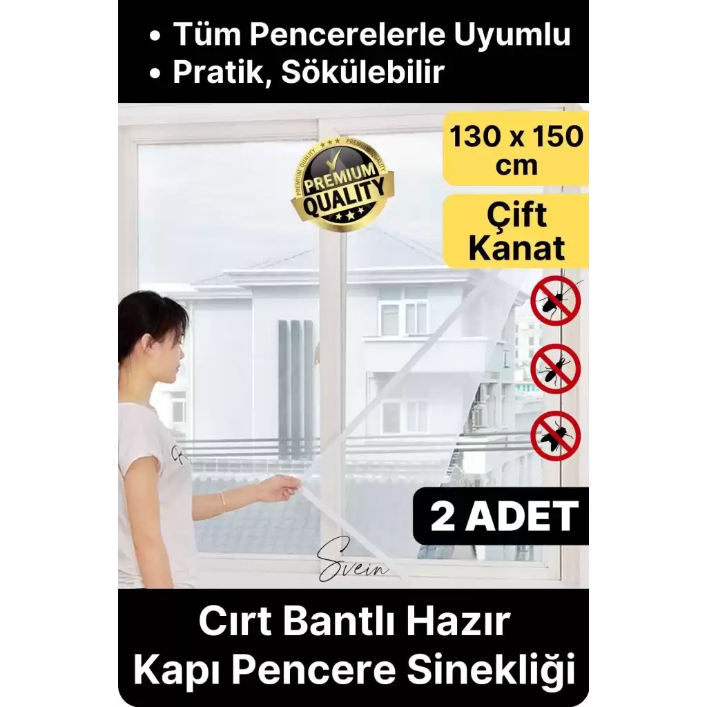 2 Adet Pratik Cam Pencere Kapı Uyumlu Çift Kanat Yırtılmaz Dayanıklı Kendinden Yapışkanlı Sineklik