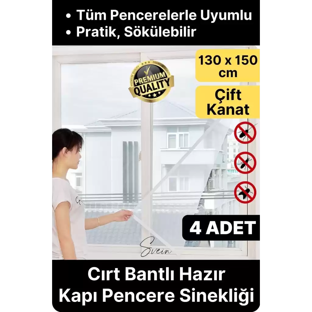 4 Adet Pratik Cam Pencere Kapı Uyumlu Çift Kanat Yırtılmaz Dayanıklı Kendinden Yapışkanlı Sineklik