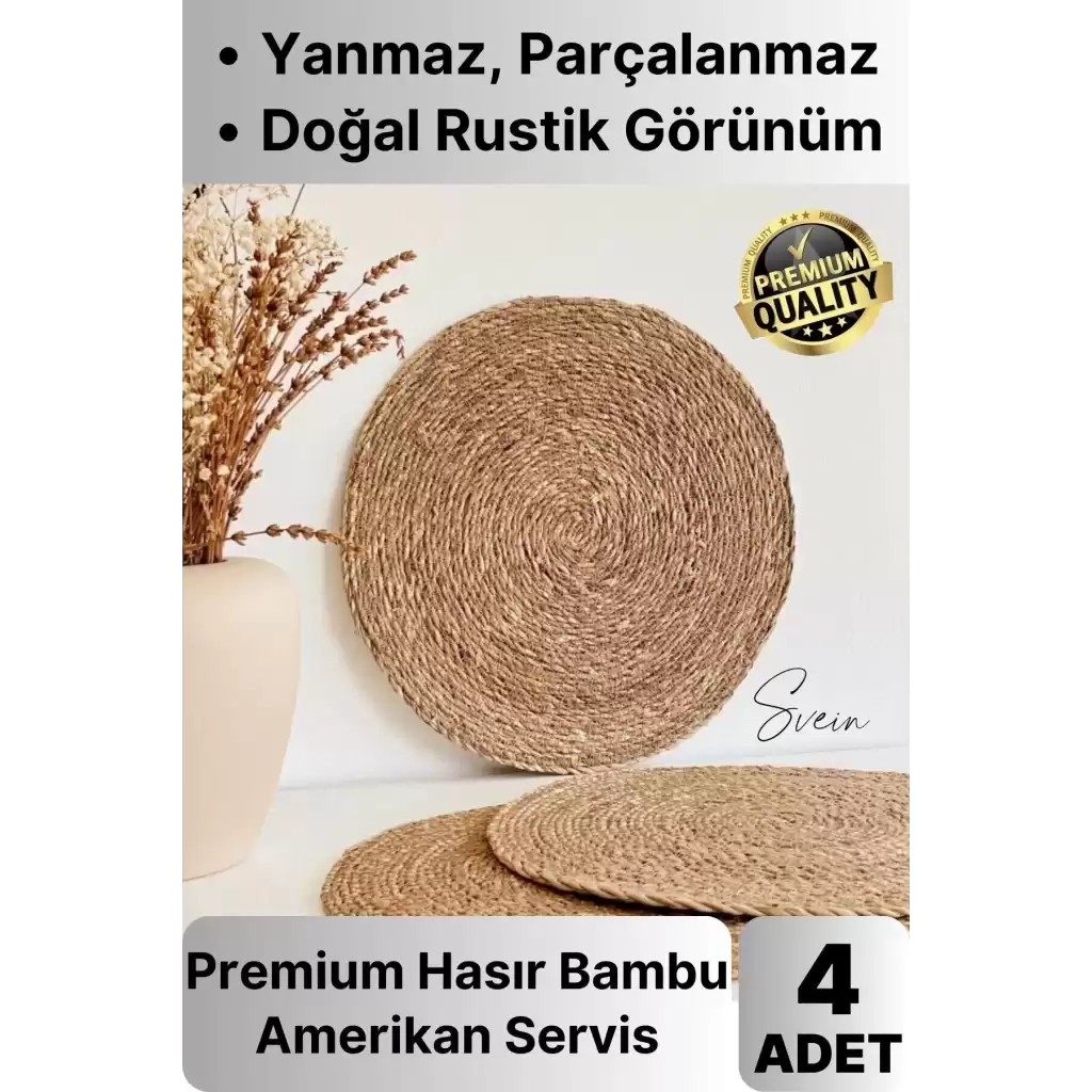 4lü Premium Yuvarlak Hasır Bambu Amerikan Servis Örme Supla Sofra Yemek Masası Yanmaz Tabak Altlığı