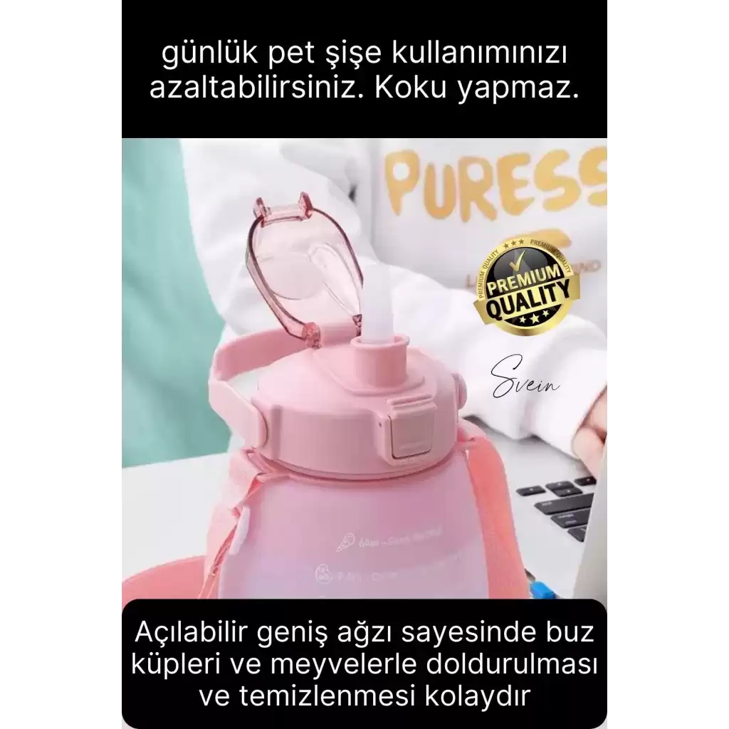 Askılı 1.3 Lt Pipetli Kilitli Sızdırmaz Kapak Tutacaklı Çift Renk Motivasyon Suluk Matara Kamp Okul