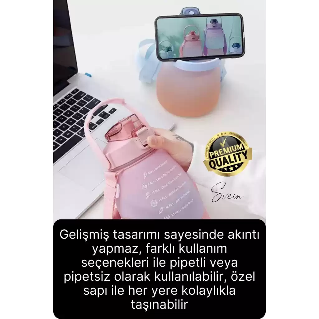 Askılı 1.3 Lt Pipetli Kilitli Sızdırmaz Kapak Tutacaklı Çift Renk Motivasyon Suluk Matara Kamp Okul