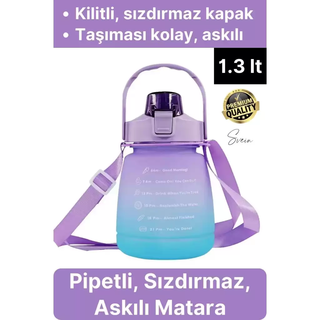 Askılı 1.3 Lt Pipetli Kilitli Sızdırmaz Kapak Çift Renk Motivasyon Suluk Matara Bpa İçermez Tritan