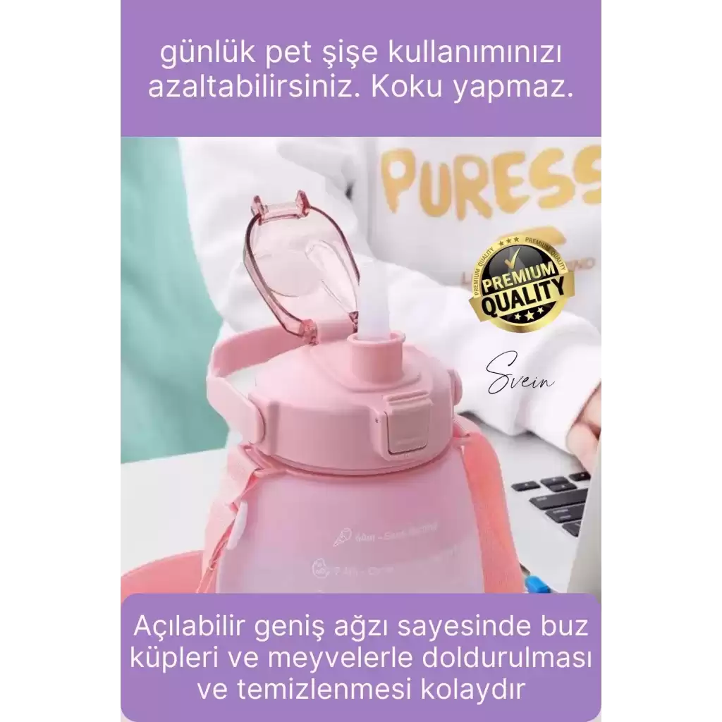 Askılı 1.3 Lt Pipetli Kilitli Sızdırmaz Kapak Çift Renk Motivasyon Suluk Matara Bpa İçermez Tritan