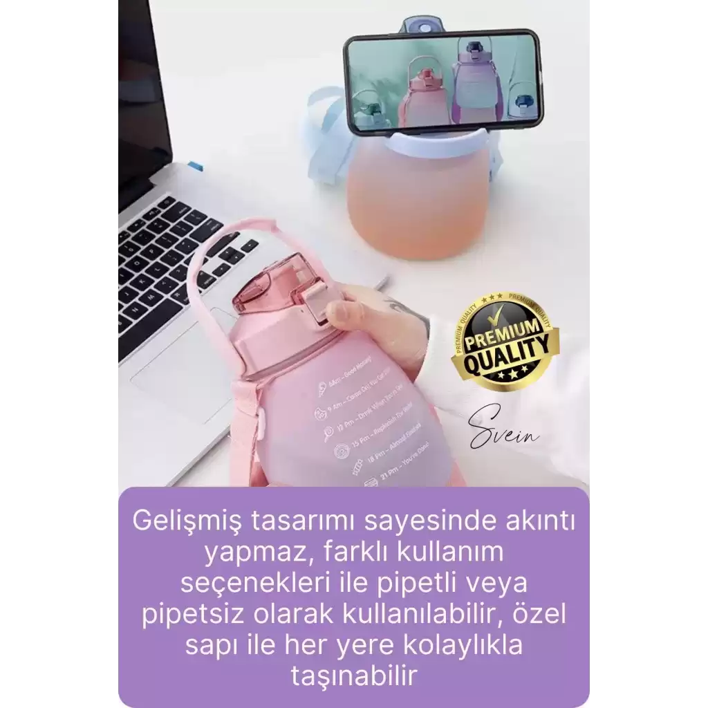 Askılı 1.3 Lt Pipetli Kilitli Sızdırmaz Kapak Çift Renk Motivasyon Suluk Matara Bpa İçermez Tritan