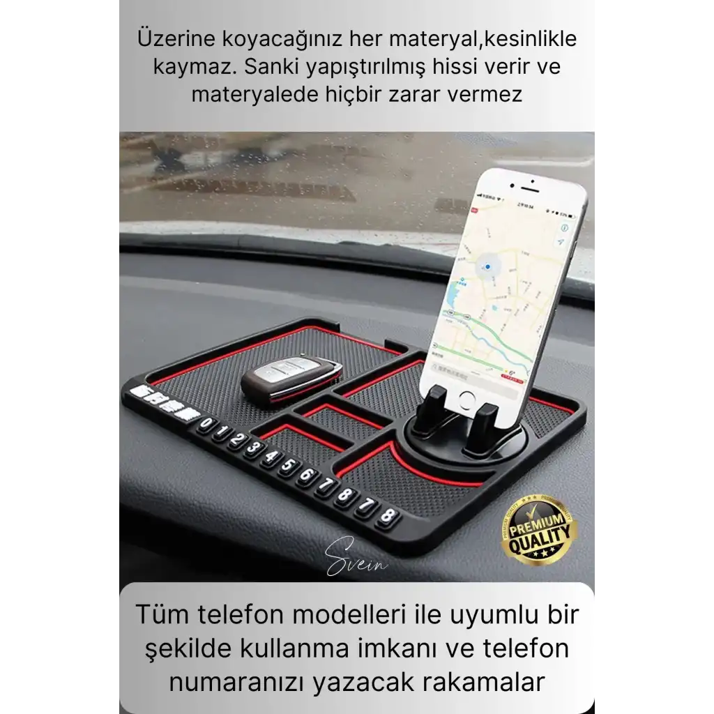 Araç İçi Torpido Kaydırmaz Telefon Tutucu Numaratör Organizer Ped 360 Derece Dönebilen Kaymaz