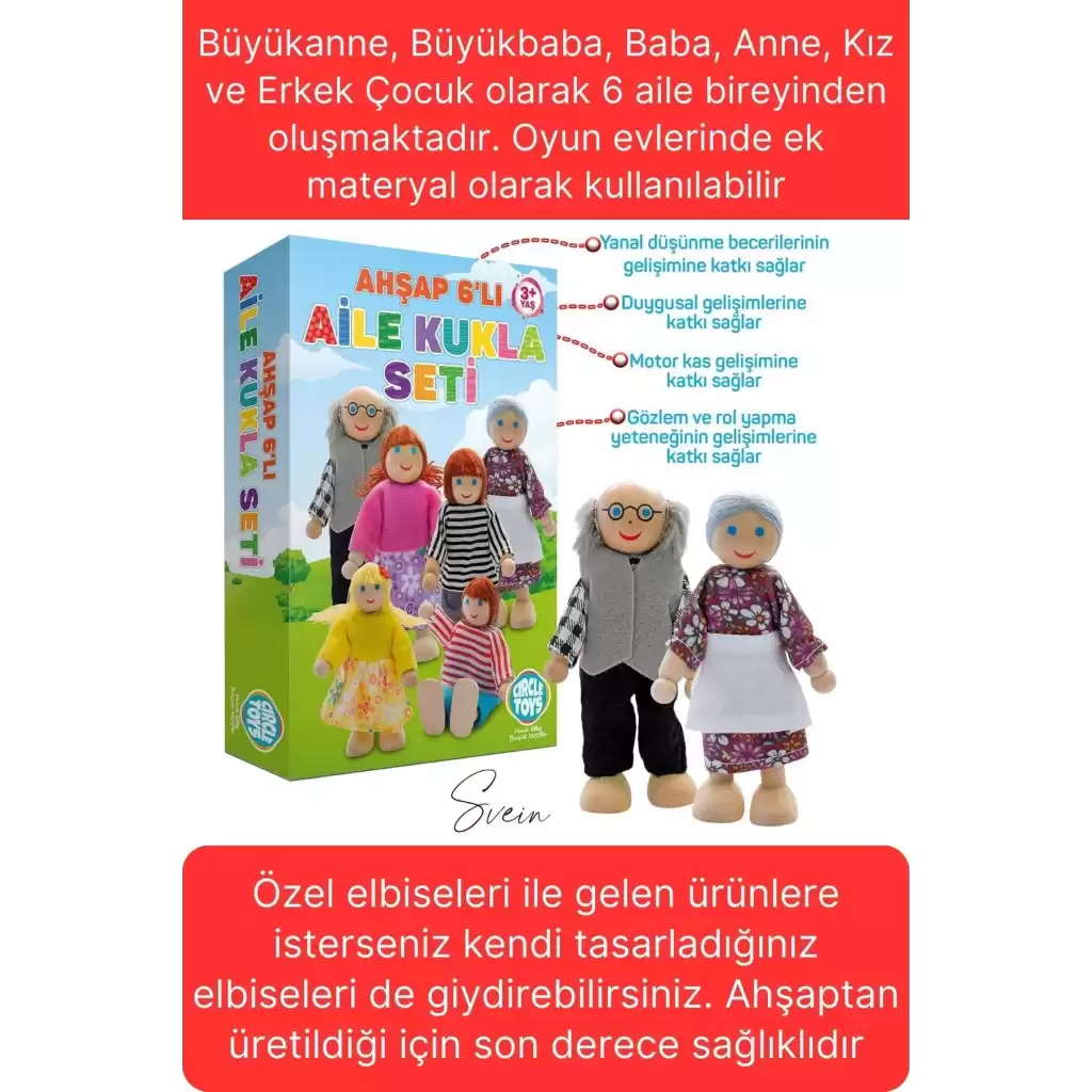 Özel Üretim Ahşap 6lı Sevimli Aile Kukla Seti Motor Gelişim Hayalgücü Kutulu Eğlenceli Oyuncak