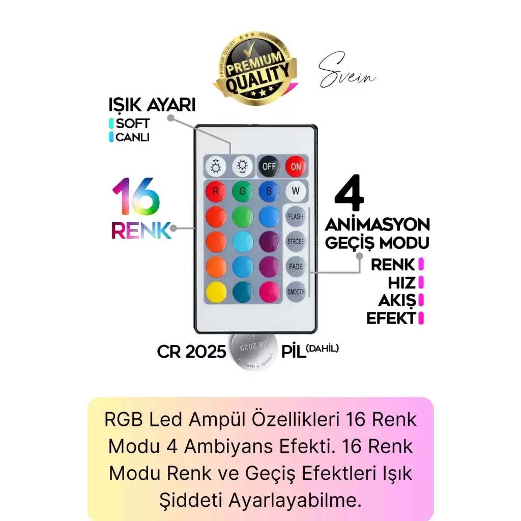 Premium RGB Uzaktan Kumandalı Çok Renkli Led Ampul E27 800lm 9w Gün Işığı 16 Renk Tasarruflu Işık