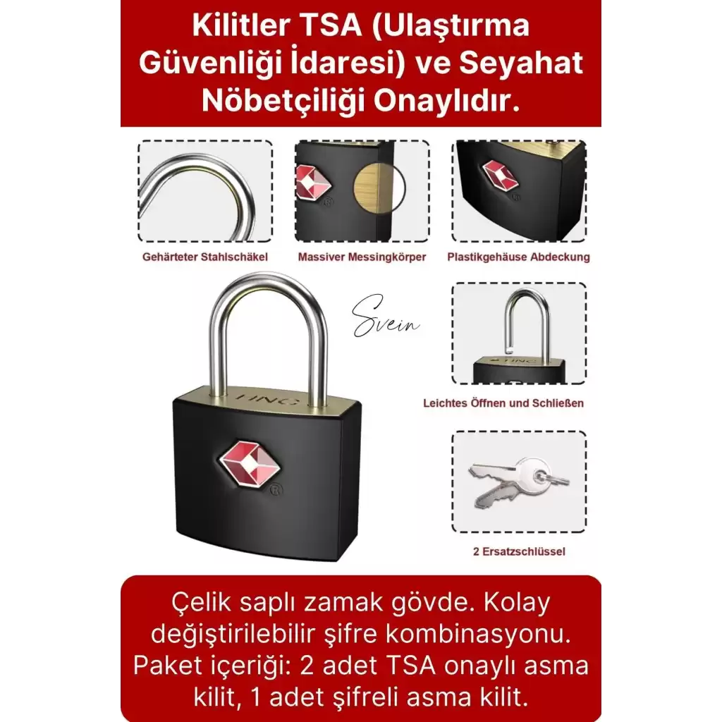 Premium Seyahat Tipi Şifreli TSA Onaylı Kırılmaz Çelik Bagaj Valiz Çanta Dolap Asma Kilit seti