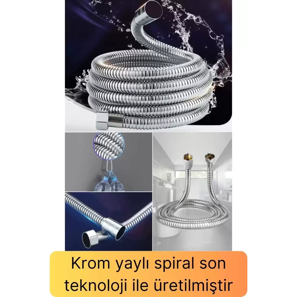 Lüks Paslanmaz Krom Kırılmaz Çatlamaz Tüm Duş Sistemleriyle Uyumlu Uzayan Spiral Hortum Örgü 2,2 mt