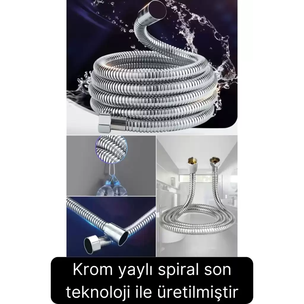 Premium Paslanmaz Krom Patlamaz Kopmaz Tüm Duş Sistemleriyle Uyumlu Uzayan Spiral Hortum Örgü 2 mt