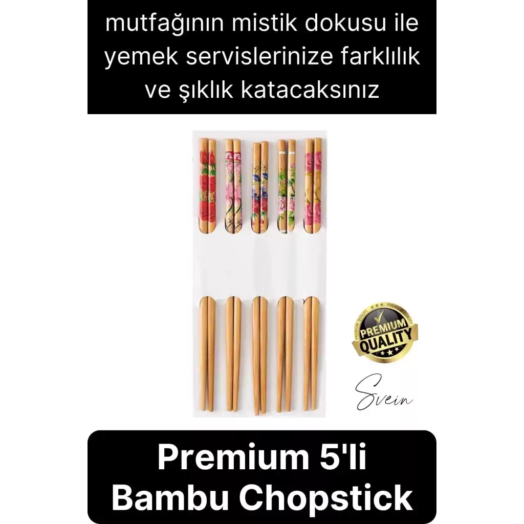 Premium Bambu 5li Kaymaz Yıkanabilir Desenli Çin Yemek Çubuğu Uzakdoğu Asya Mutfağı Chopstick Set