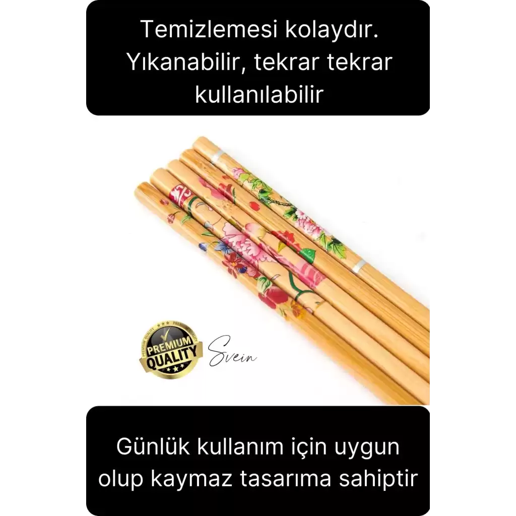 Premium Bambu 5li Kaymaz Yıkanabilir Desenli Çin Yemek Çubuğu Uzakdoğu Asya Mutfağı Chopstick Set