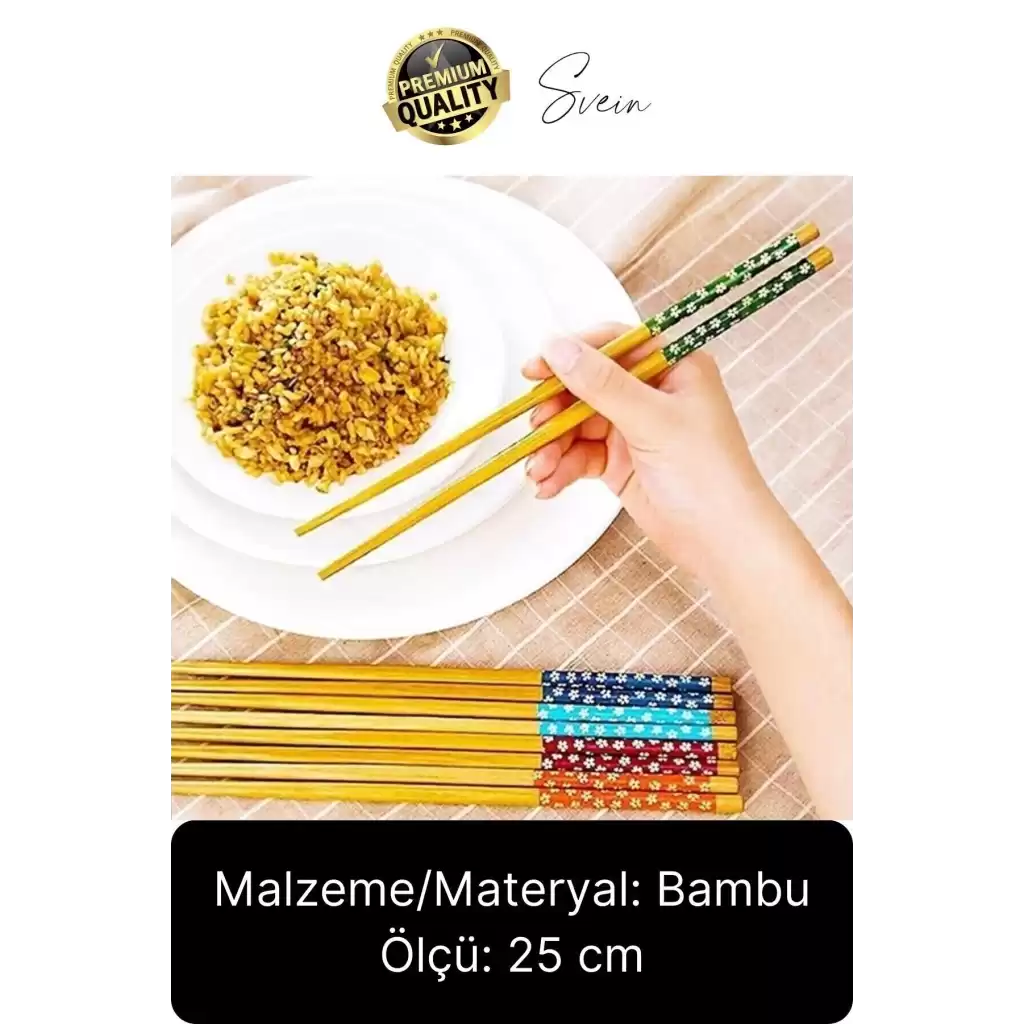 Premium Bambu 5li Kaymaz Yıkanabilir Desenli Çin Yemek Çubuğu Uzakdoğu Asya Mutfağı Chopstick Set