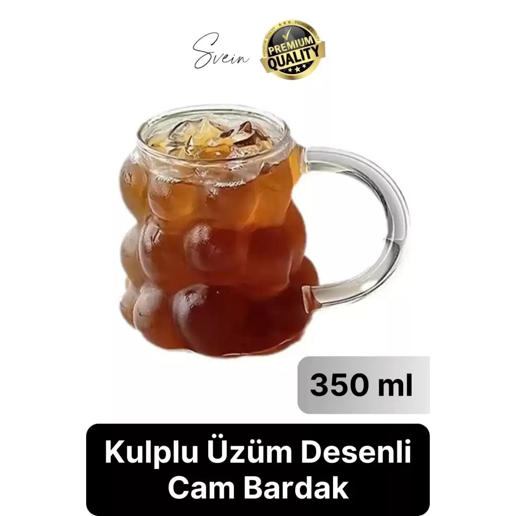 Özel Tasarım Borosilikat Cam Kulplu Üzüm Bardak Boncuk Şekilli Kahve Sunum Kupası Isıya Dayanıklı