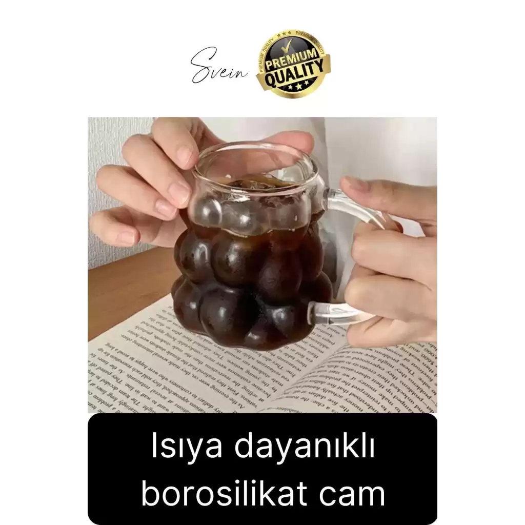 Özel Tasarım Borosilikat Cam Kulplu Üzüm Bardak Boncuk Şekilli Kahve Sunum Kupası Isıya Dayanıklı