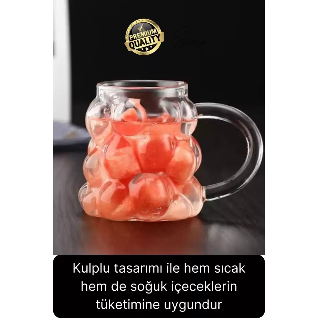 Özel Tasarım Borosilikat Cam Kulplu Üzüm Bardak Boncuk Şekilli Kahve Sunum Kupası Isıya Dayanıklı