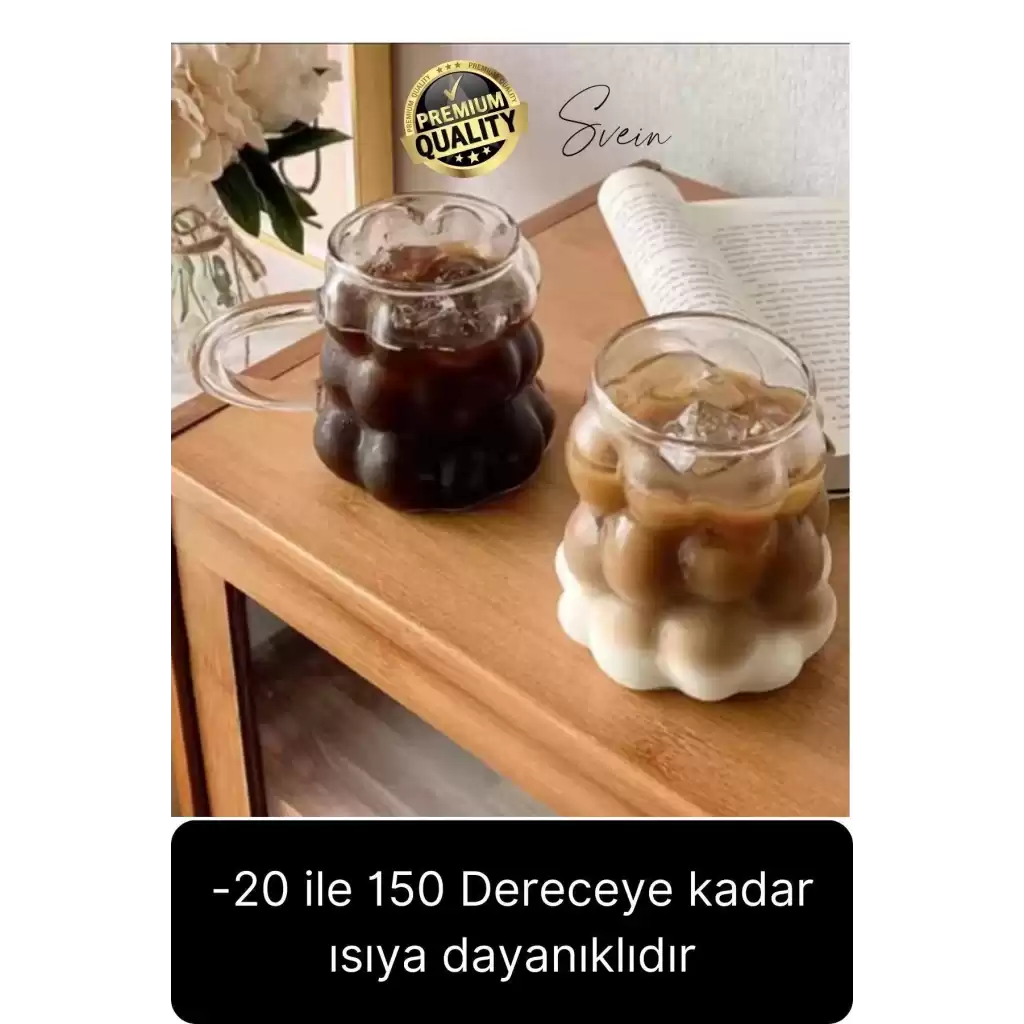 Özel Tasarım Borosilikat Cam Kulplu Üzüm Bardak Boncuk Şekilli Kahve Sunum Kupası Isıya Dayanıklı
