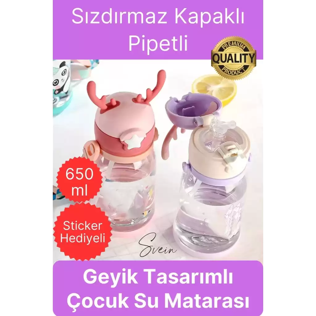Özel Geyikli Tasarım Pipetli Sızdırmaz Kapaklı Gıdaya Uygun Çocuk Su Matarası Askılı Suluk 650 ml