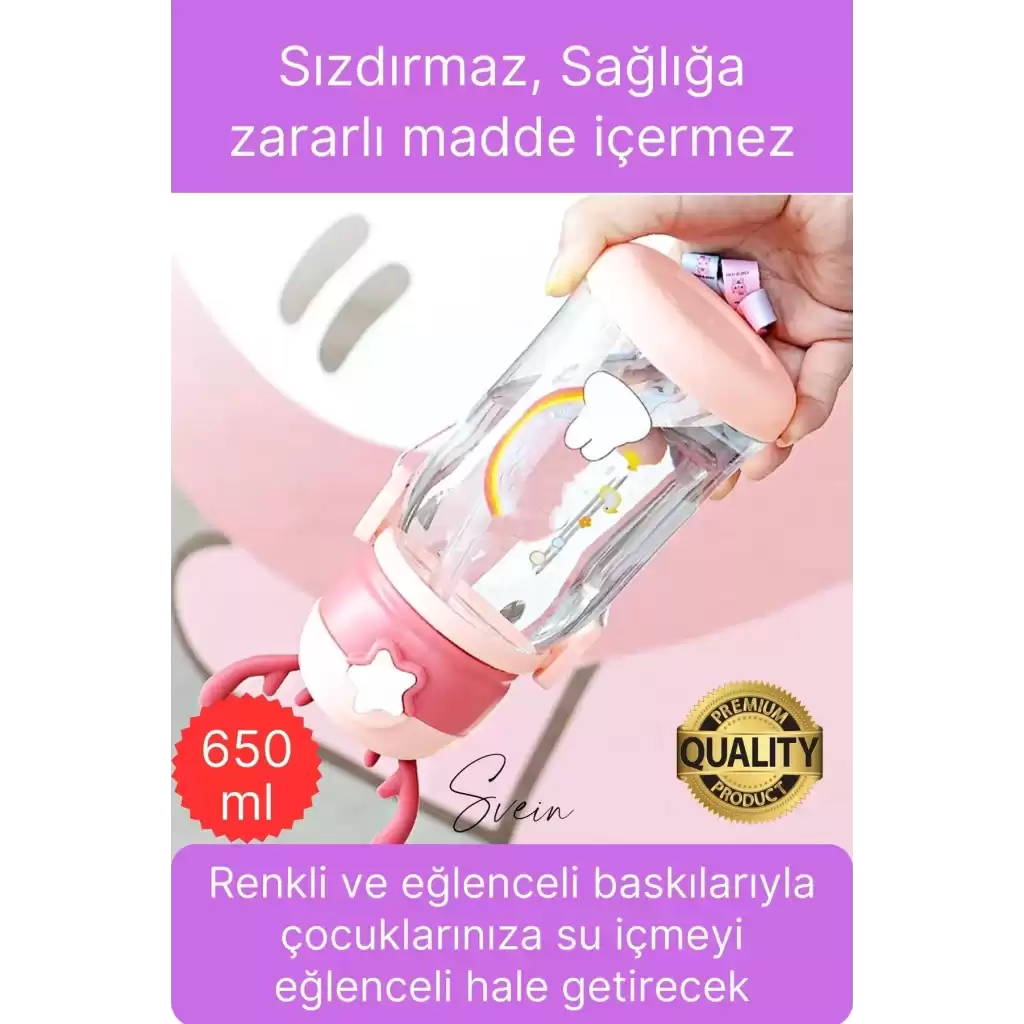 Özel Geyikli Tasarım Pipetli Sızdırmaz Kapaklı Gıdaya Uygun Çocuk Su Matarası Askılı Suluk 650 ml