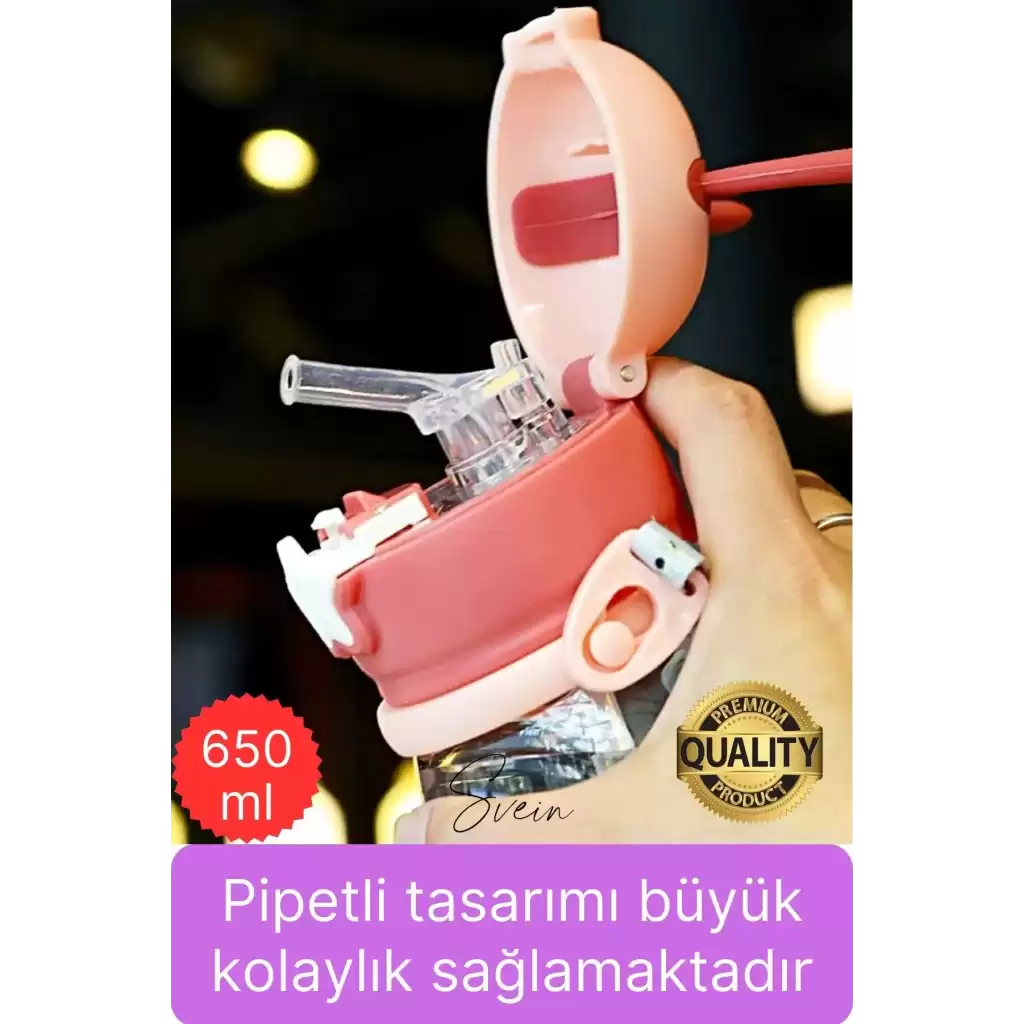 Özel Geyikli Tasarım Pipetli Sızdırmaz Kapaklı Gıdaya Uygun Çocuk Su Matarası Askılı Suluk 650 ml
