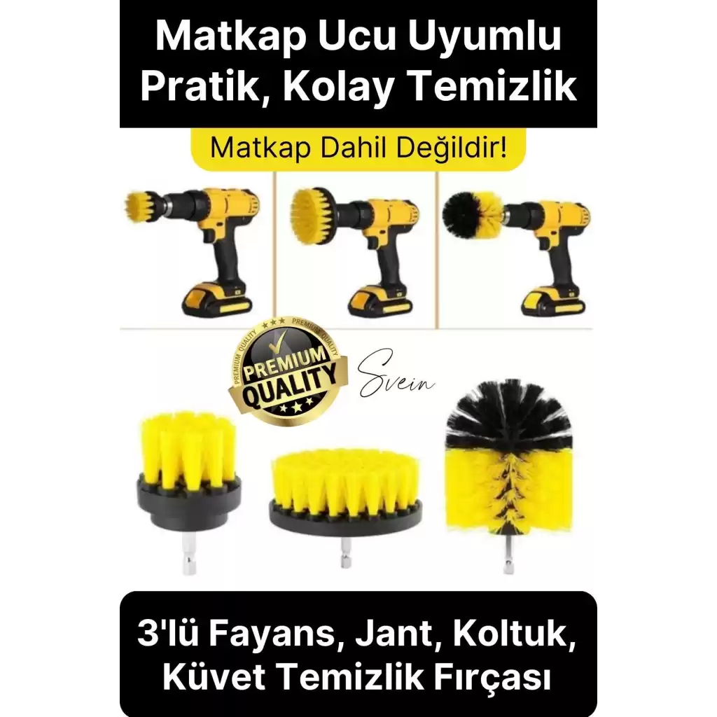 Premium 3lü Matkap Ucu Temizleme Fırça Seti Jant Fayans Mermer Küvet Koltuk Çok Amaçlı Temizlik