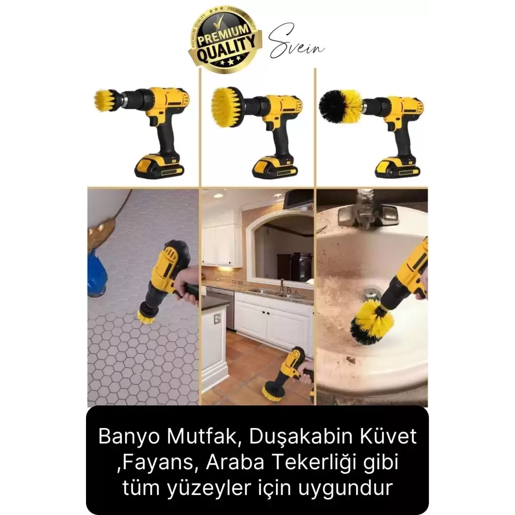 Premium 3lü Matkap Ucu Temizleme Fırça Seti Jant Fayans Mermer Küvet Koltuk Çok Amaçlı Temizlik