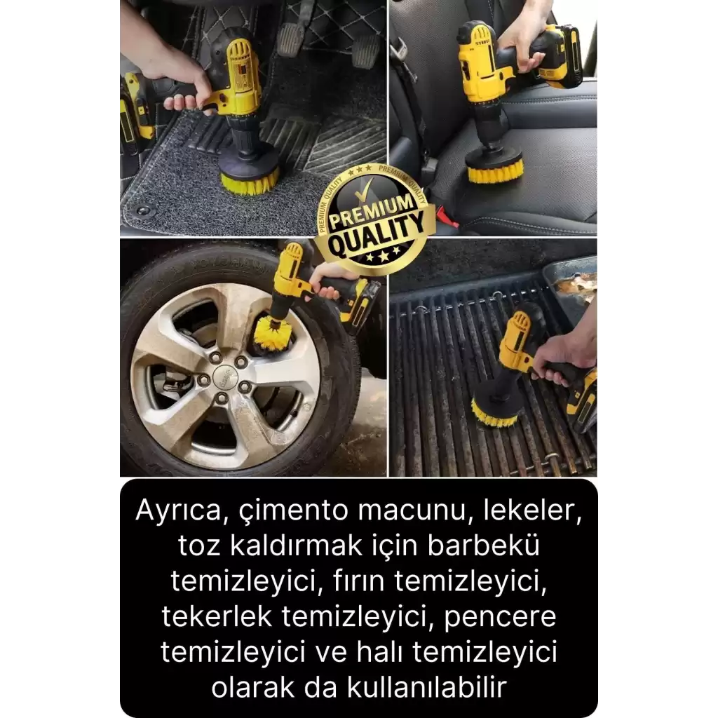 Premium 3lü Matkap Ucu Temizleme Fırça Seti Jant Fayans Mermer Küvet Koltuk Çok Amaçlı Temizlik
