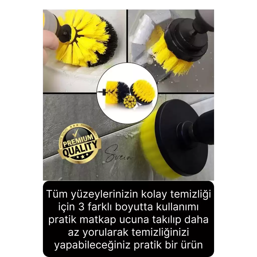 Premium 3lü Matkap Ucu Temizleme Fırça Seti Jant Fayans Mermer Küvet Koltuk Çok Amaçlı Temizlik