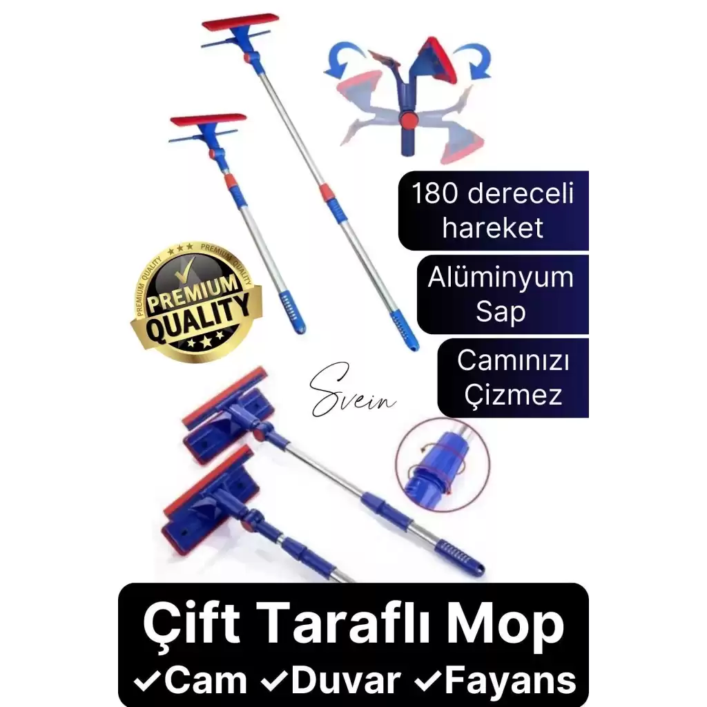 Teleskopik Çift Taraflı Pratik Cam Duvar Fayans Silme Aparatı Çekçekli Mop Uzayabilen Pencere