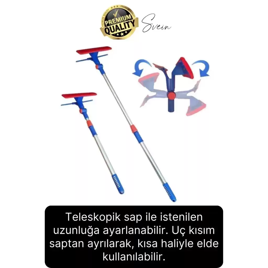 Teleskopik Çift Taraflı Pratik Cam Duvar Fayans Silme Aparatı Çekçekli Mop Uzayabilen Pencere