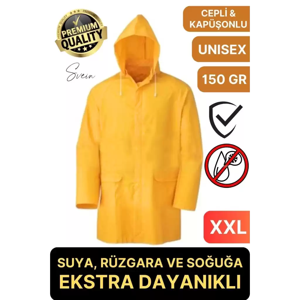 Premium Sarı XXL 150 gr Kapüşonlu Cepli Yağmurluk Su Rüzgar Soğuk Geçirmez Unisex Çıtçıtlı Pardösü