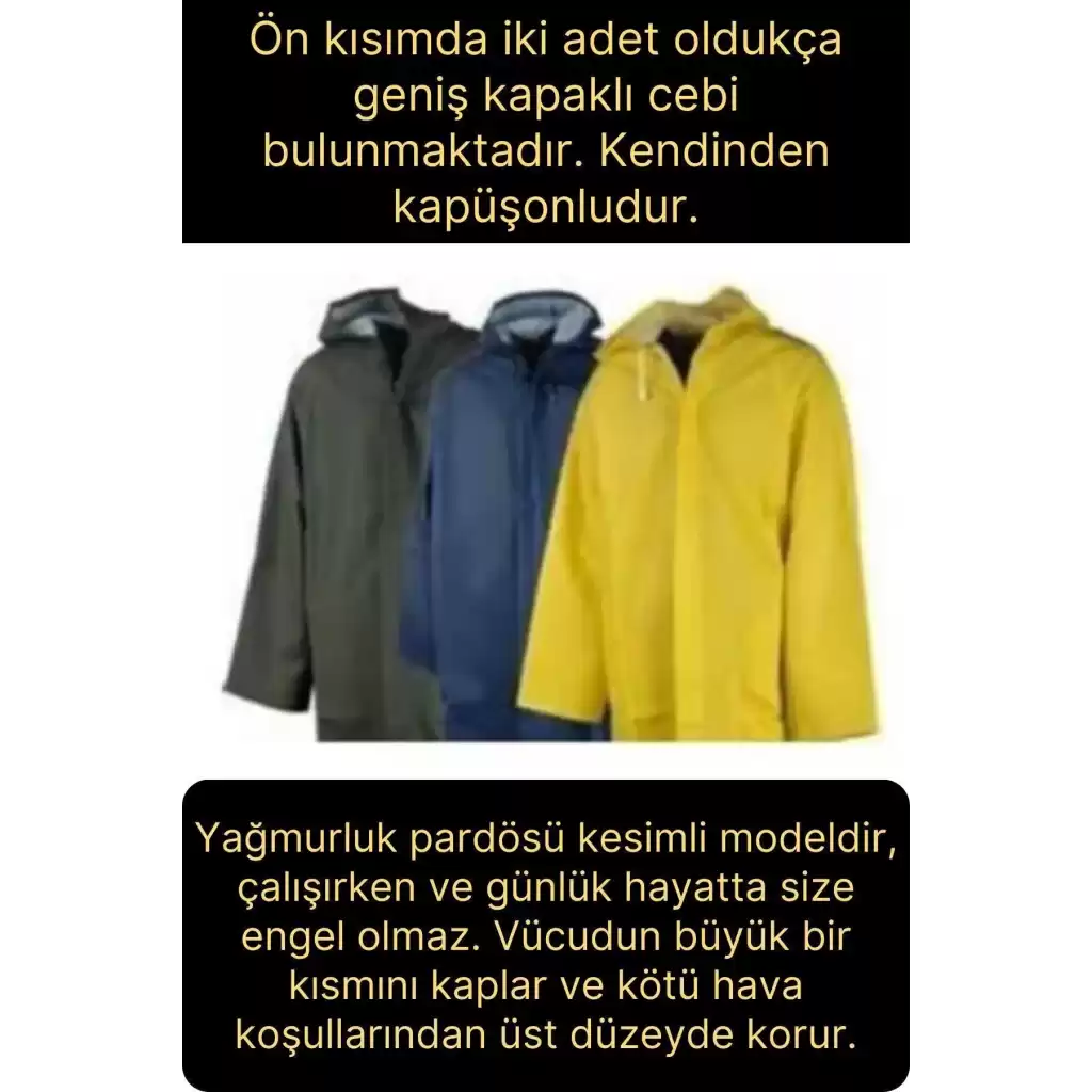 Premium Sarı XXL 150 gr Kapüşonlu Cepli Yağmurluk Su Rüzgar Soğuk Geçirmez Unisex Çıtçıtlı Pardösü