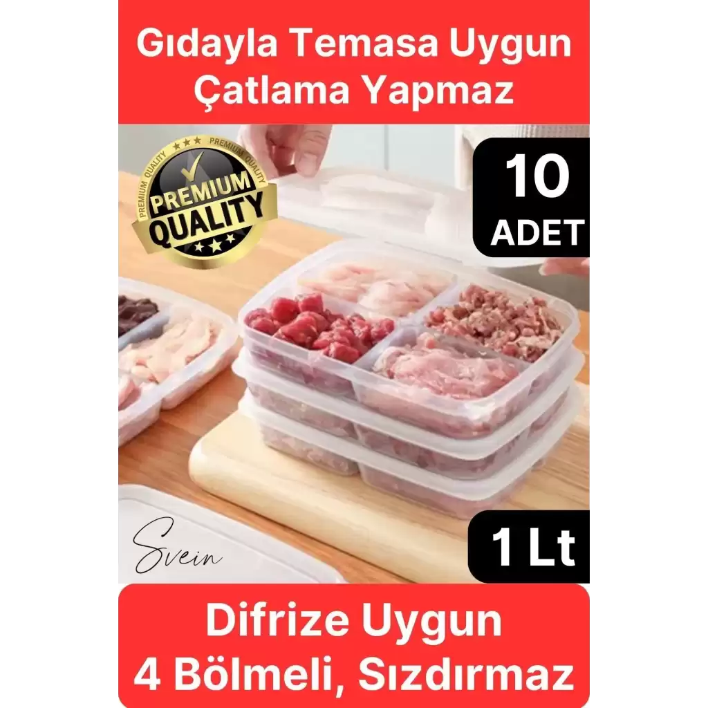 10 Adet 1 Lt 4 Bölmeli Difriz Dondurulmuş Öğünlük Et Sebze Saklama Kabı Derin Dondurucu Organizer