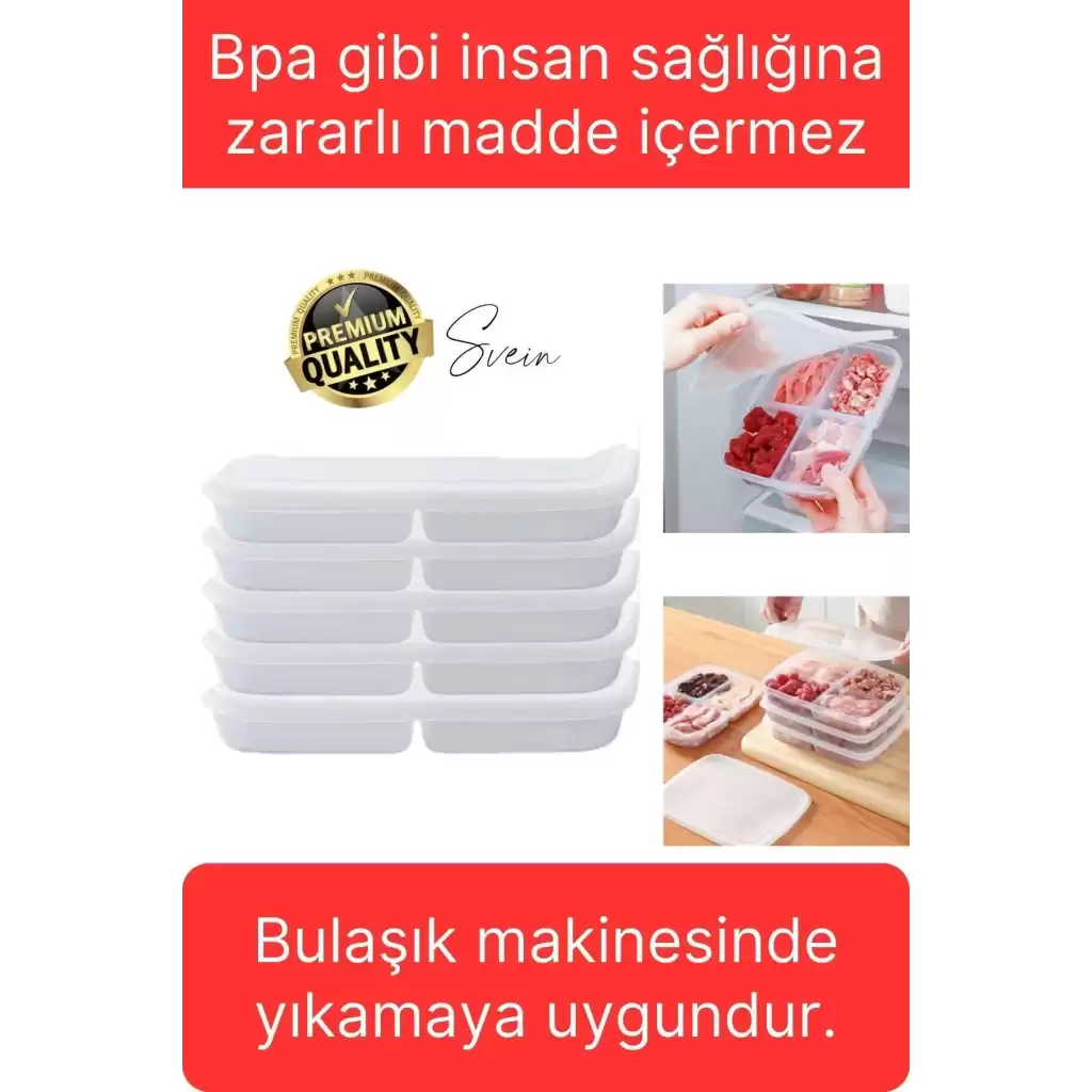 10 Adet 1 Lt 4 Bölmeli Difriz Dondurulmuş Öğünlük Et Sebze Saklama Kabı Derin Dondurucu Organizer