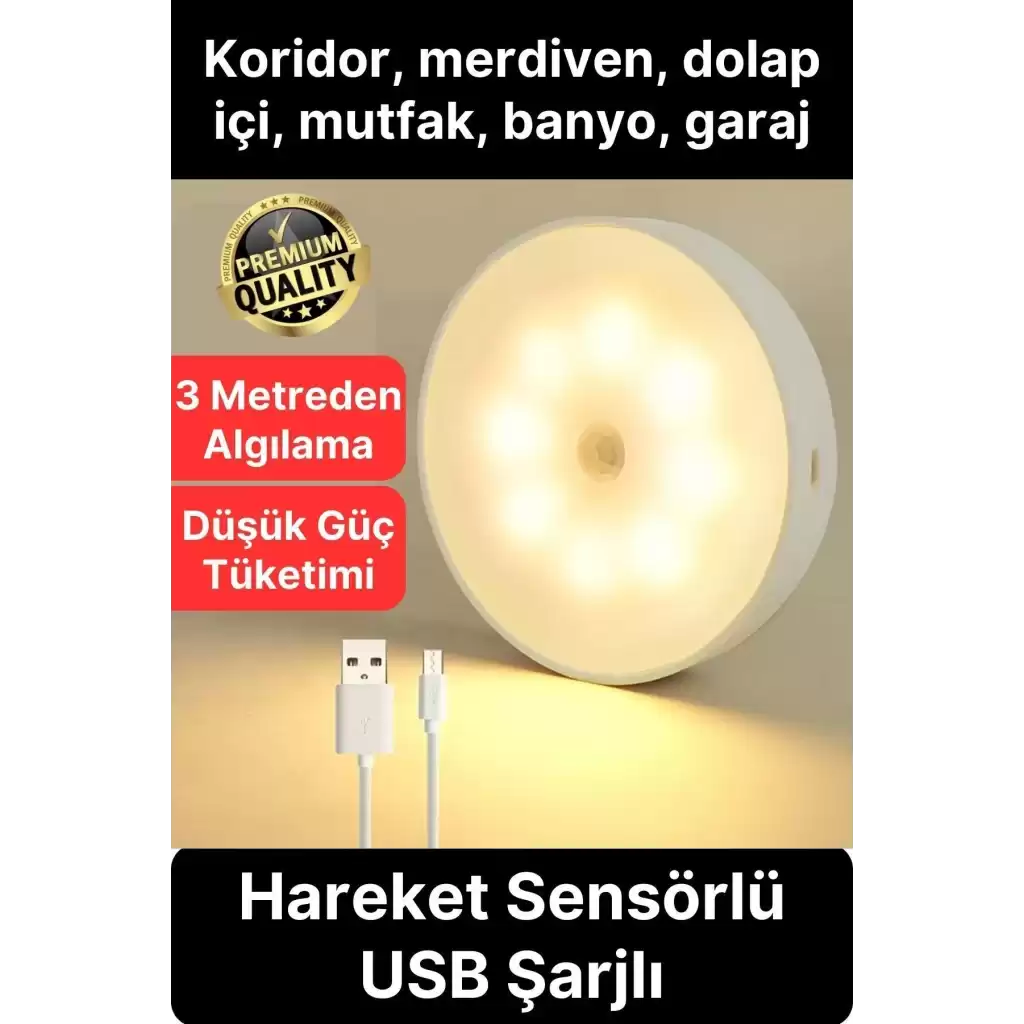 Premium Hareket Sensörlü Mini USB Şarjlı Led Işık Gece Lambası Koridor Bahçe Garaj Dolap Aydınlatma