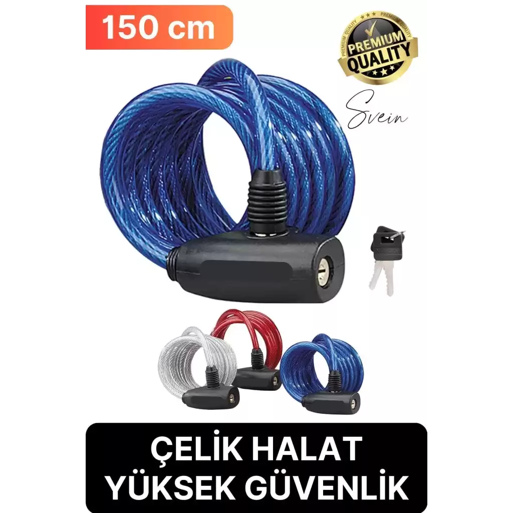 Premium Anahtarlı Çelik Halatlı Dayanıklı Bisiklet Motosiklet Scooter Kilidi 150 cm Güvenli Pratik