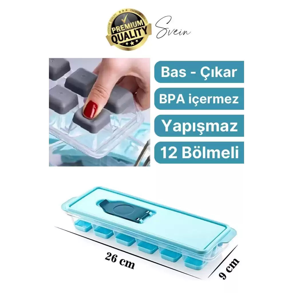 Premium 12 Bölmeli Pratik Bas Çıkar Silikon Buzluk Yapışmaz Kalıp Sızdırmaz Kapaklı Hava Geçirmez