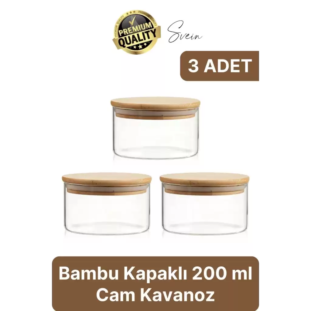 Premium Bambu Kapaklı Hava Geçirmez Sızdırmaz Küçük Cam Kavanoz Şeffaf 200 ml Yulaf Kahve Baharat