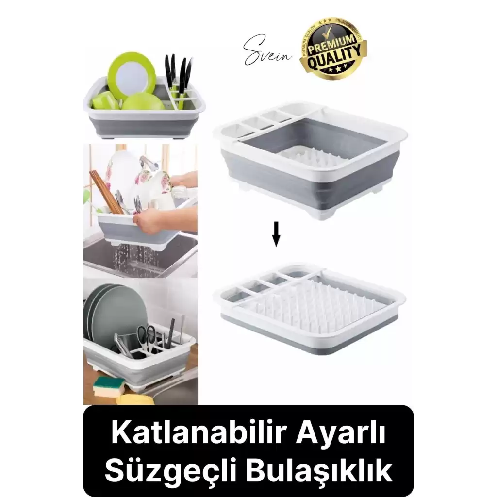 Pratik Katlanabilen Ayarlı Silikon Beyaz Bulaşıklık Kurutmalık Sepet Çatal Kaşık Hazneli Süzgeçli