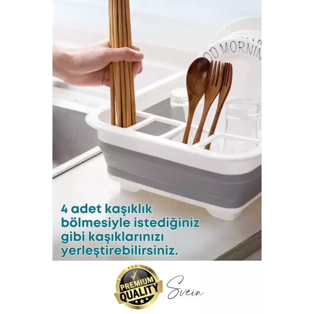 Pratik Katlanabilen Ayarlı Silikon Beyaz Bulaşıklık Kurutmalık Sepet Çatal Kaşık Hazneli Süzgeçli