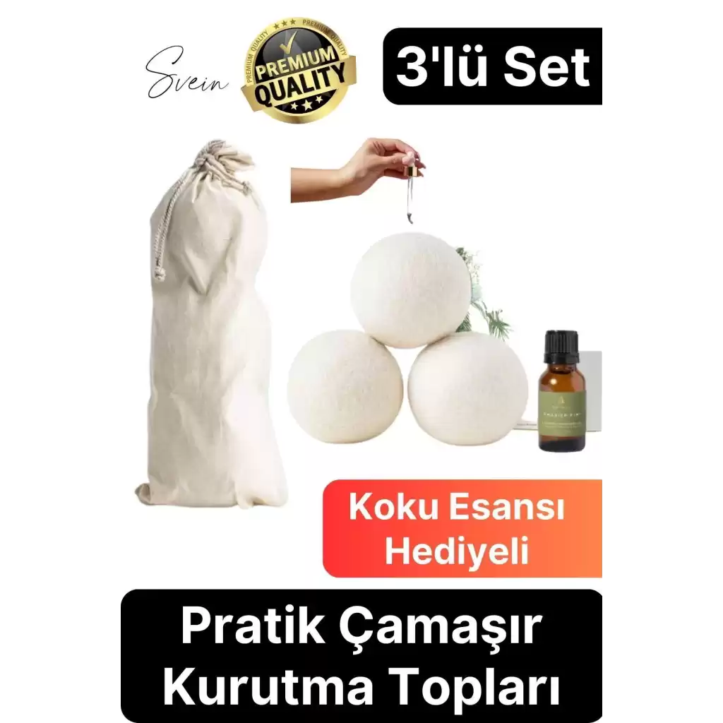 3lü Premium Hediye Kokulu Yün Keçe Çamaşır Kurutma Topu Seti Esans Yağı Koku Doğal Yumuşatıcı