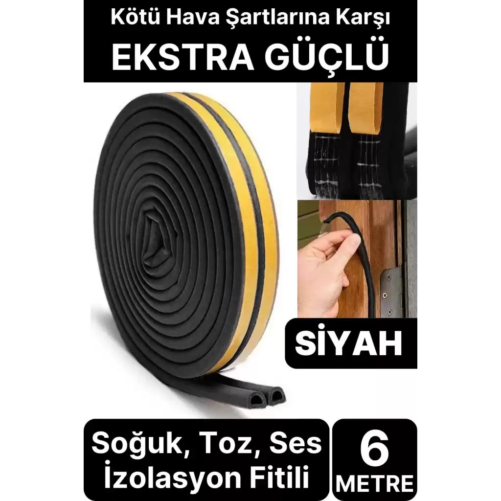 6 Metre Siyah Pvc Doğrama Kapı Pencere Soğuk Geçirmez Sızdırmaz İzolasyon Fitil Yapışkanlı 3x2=6 mt