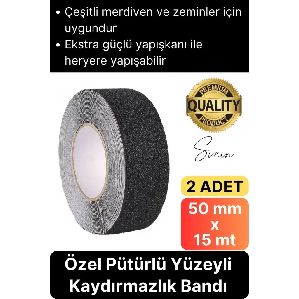 Premium 2 Adet 50mm x 15mt Siyah Kaydırmaz Bant Yapışkanlı Merdiven Basamak Zemin Güçlü Tutunabilen