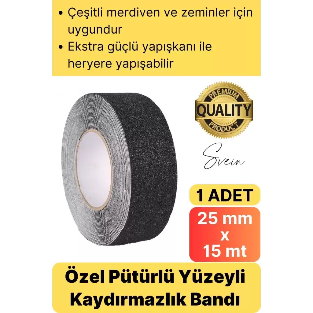Premium 25mm x 15mt Siyah Kaydırmaz Bant Yapışkanlı Merdiven Basamak Zemin Güçlü Tutunabilen Halı