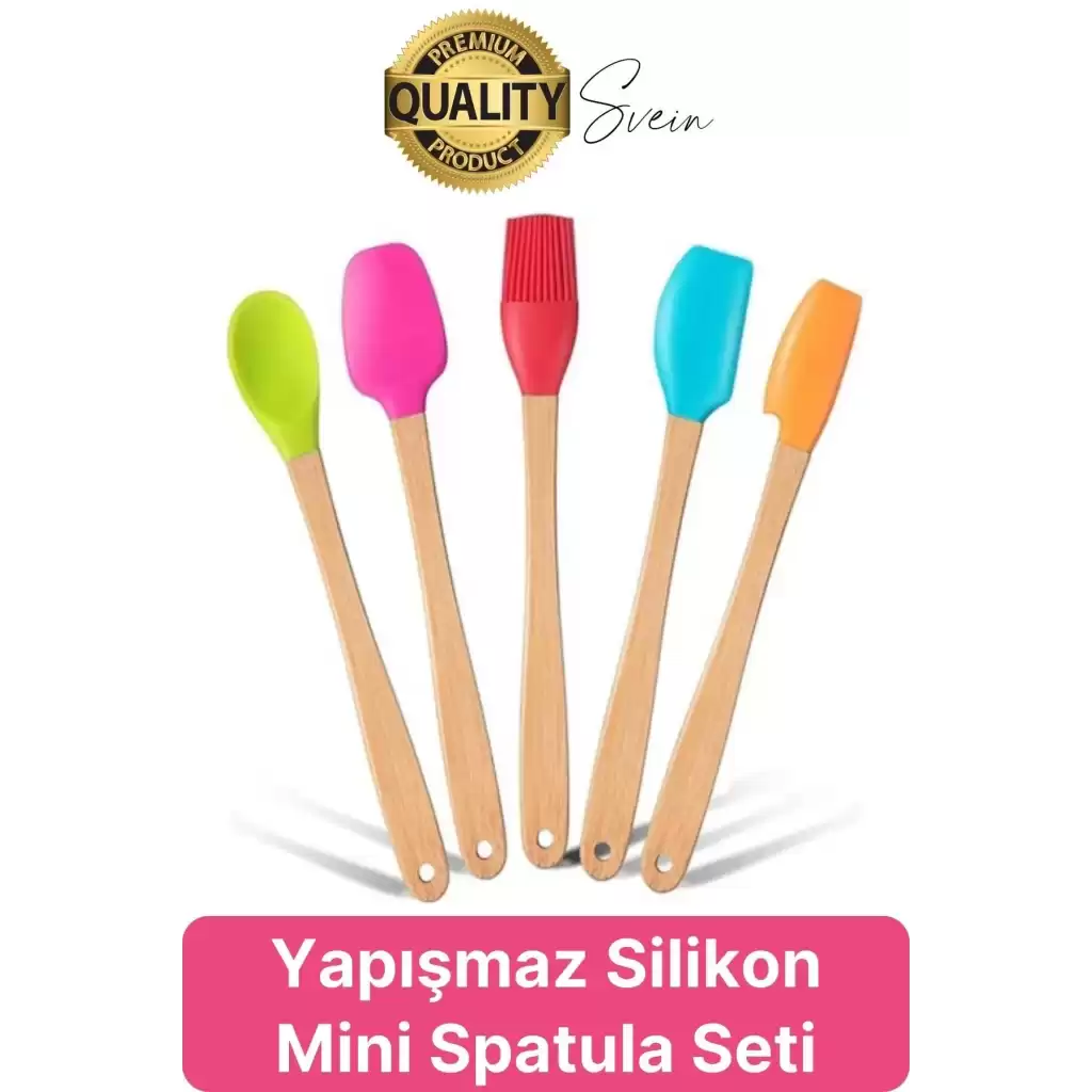 Mini Spatula Kaşık Fırça Setleri Yapışmaz Silikon Tencere Ahşap Saplı Renkli Pişirme Mutfak Araçları