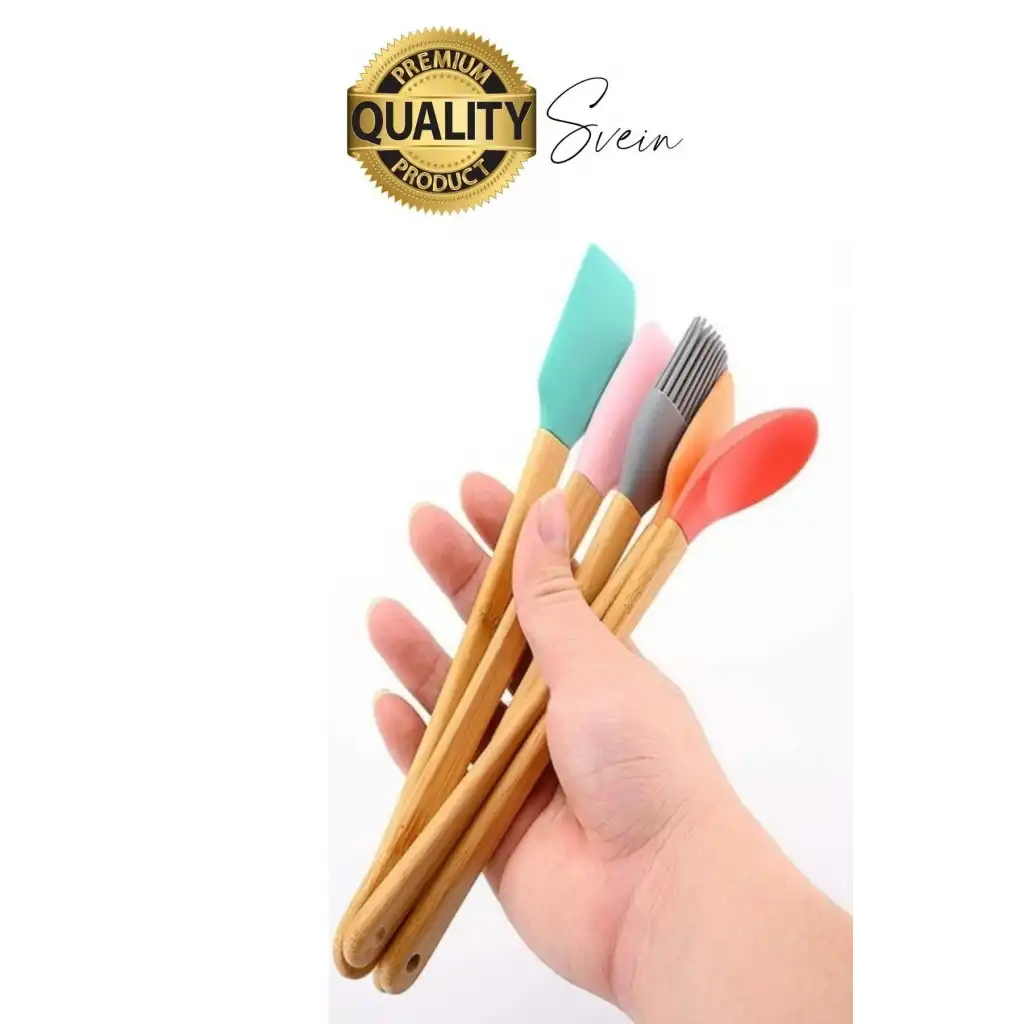 Mini Spatula Kaşık Fırça Setleri Yapışmaz Silikon Tencere Ahşap Saplı Renkli Pişirme Mutfak Araçları
