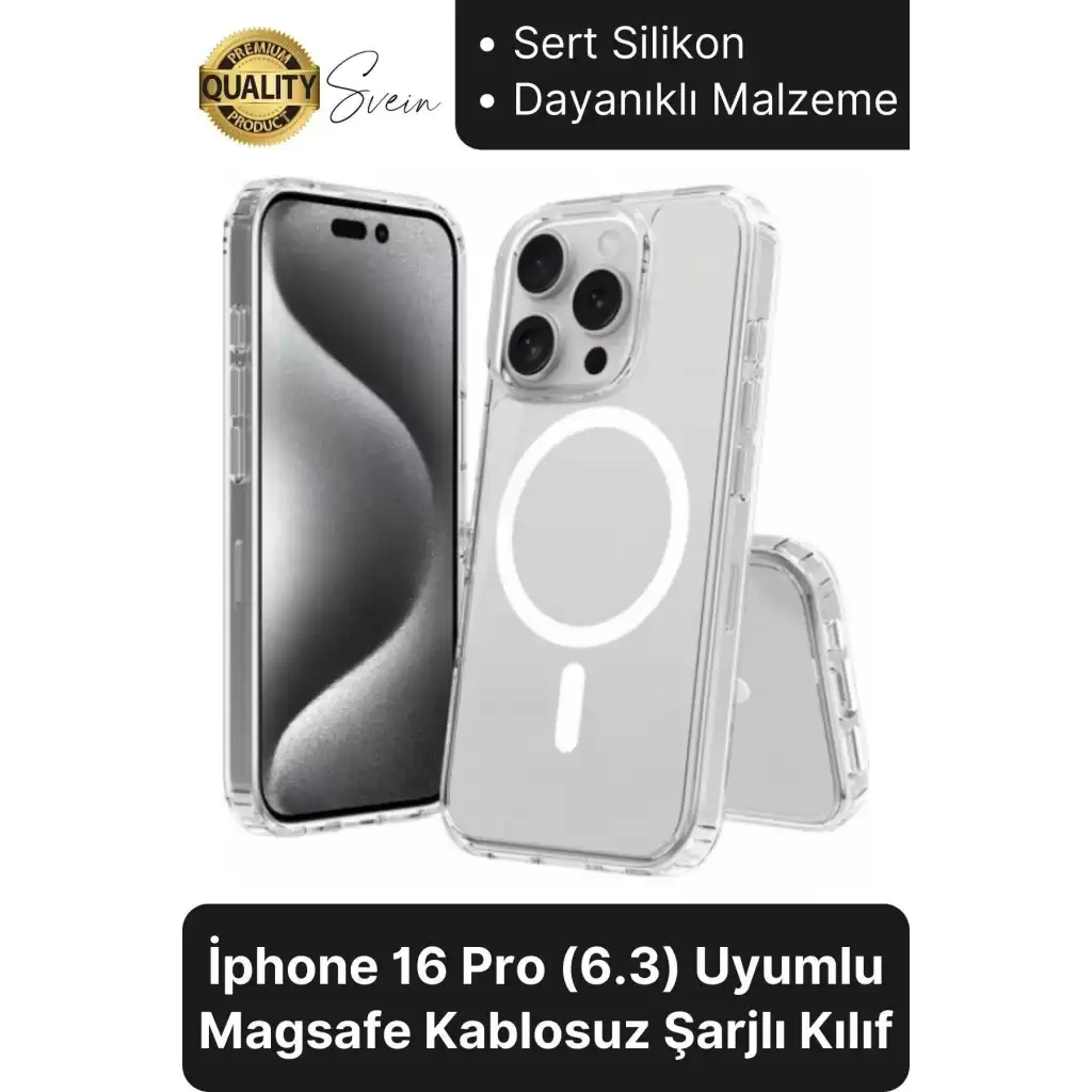 Premium Apple İphone 16 Pro 6.3 inç Uyumlu Kablosuz Şarj Destekli Sert Silikon Şeffaf Kılıf Magsafe